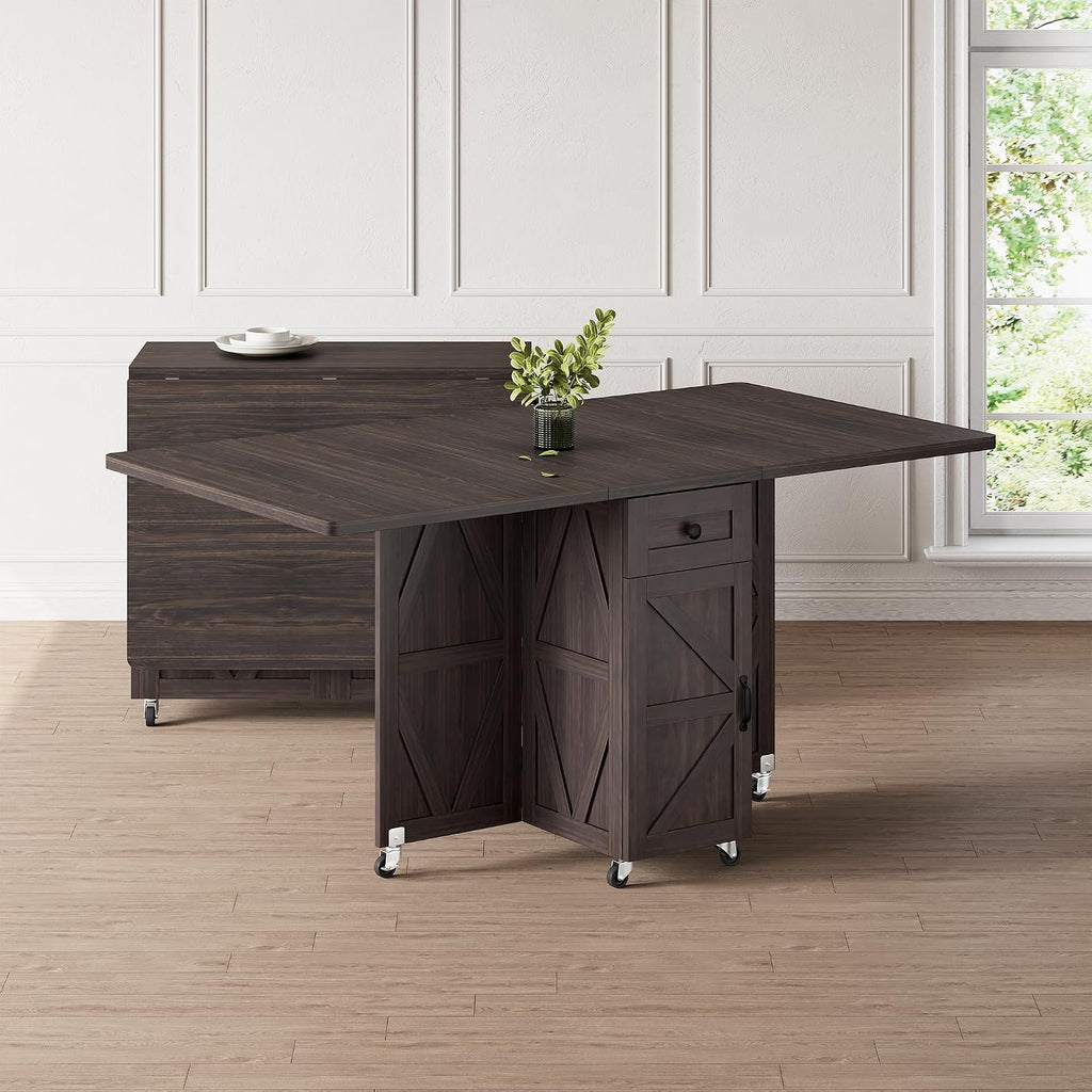 Jocoevol Folding Dining Table for Small Spaces, Space Saving Foldable Kitchen Table with Drawer & 2-Tier Storage Shelf, Rolling Expandable Dining Table with Wheels, Farmhouse, Dark Walnut