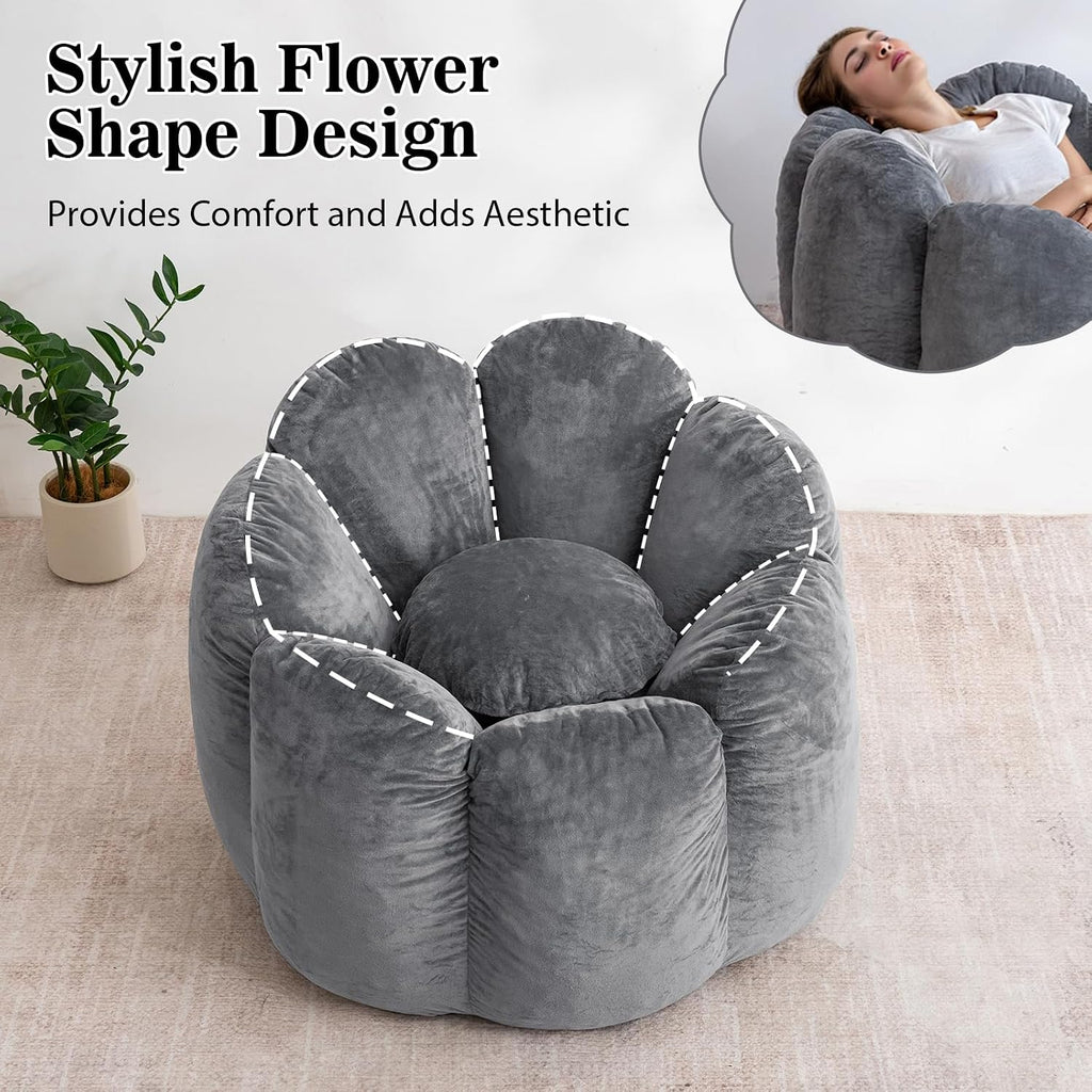 HOMMPA Bean Bag Chair for Adults Comfy Velvet Bean Bag Couch with Back Support Flower Shaped Oversized Sofa for Living Room,Bedroom,Dorm,Grey