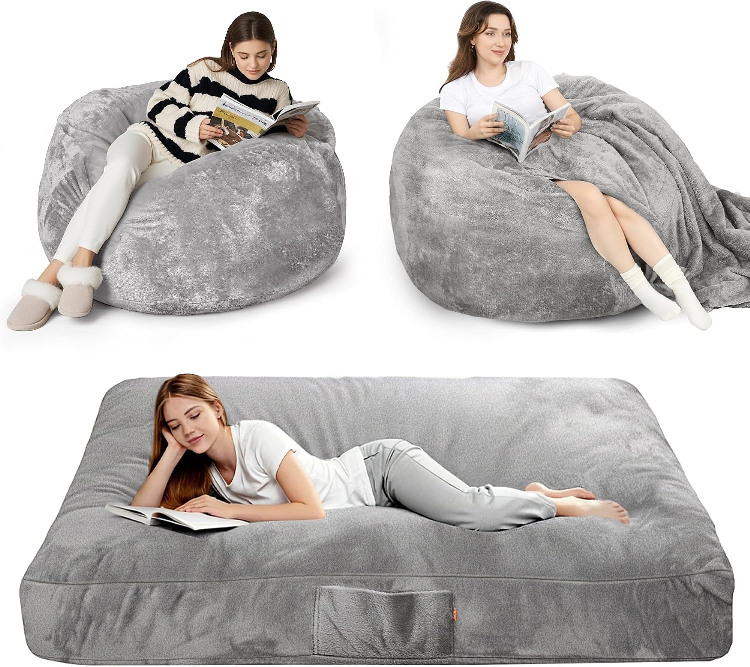 YEFU Bean Bag Chair for Adults: 4-in-1 Convertible Giant Bean Bag Bed, Overstuffed Memory Foam Floor Couch with Two Machine Washable Covers, Large Chair Bed for Living Room Bedroom, Full Grey