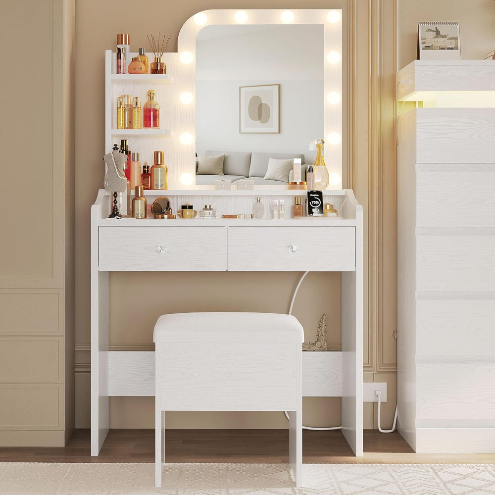 LIKIMIO Vanity Desk with Mirror Lights and Storage Stool, White | Vanity Tabl...