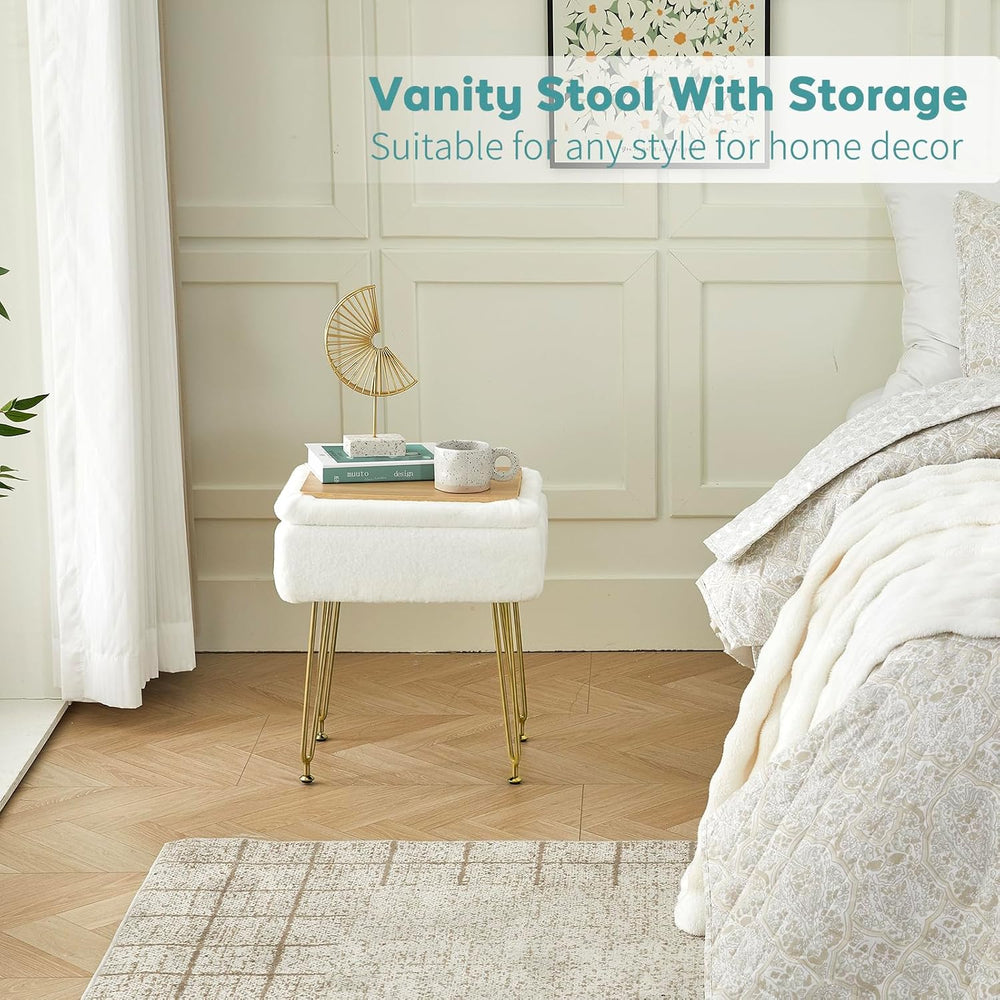 BRIAN & DANY Vanity Stool, Sherpa Vanity Stool Chair with Storage, Rectan...