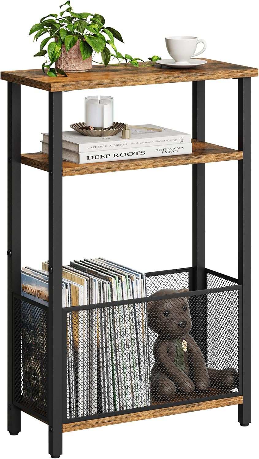 MMEOLUOOK Narrow Side Table with Storage Basket Skinny End Tables for Smalls Spaces 3 Tier Sofa Table Small Nightstand Slim Bedside Table for Living Room Bedroom Rustic Brown MLBZ22RB