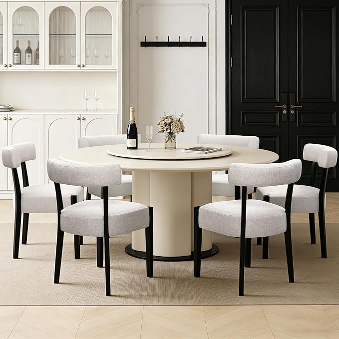 Modern Dining Chairs Set of 6, Upholstered Kitchen & Dining Room Chairs, Mid Century Modern Wooden Dining Chairs Oversized Sturdy Fabric Rounded Chairs Curved Back, Black and Beige