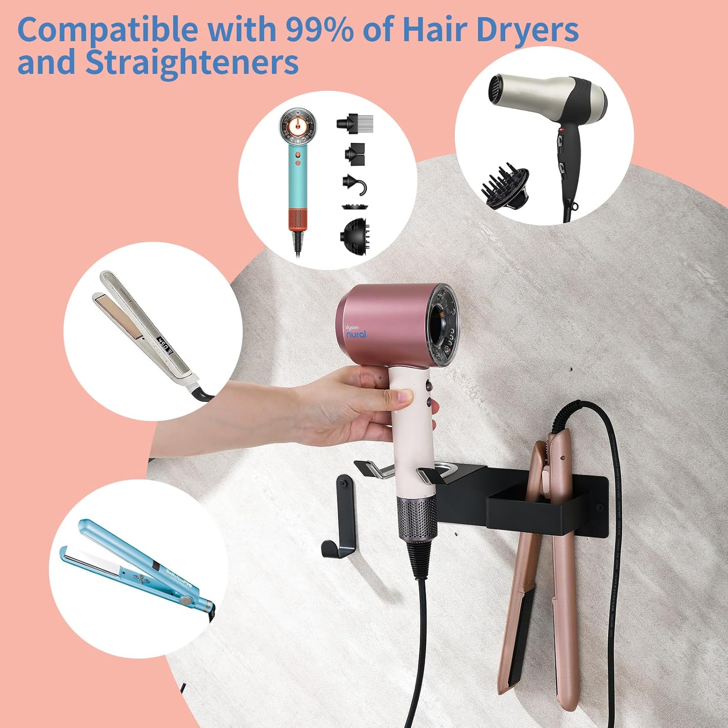 Hair Dryer Holder Wall Mounted, Hair Tool Organizer Wall Mount for Bathroom, Stainless Steel Hair Dryer Holder, Blow Dryer Holder Adhesive/Drilling Hair Dryer and Straightener Holder Black UEMUSI