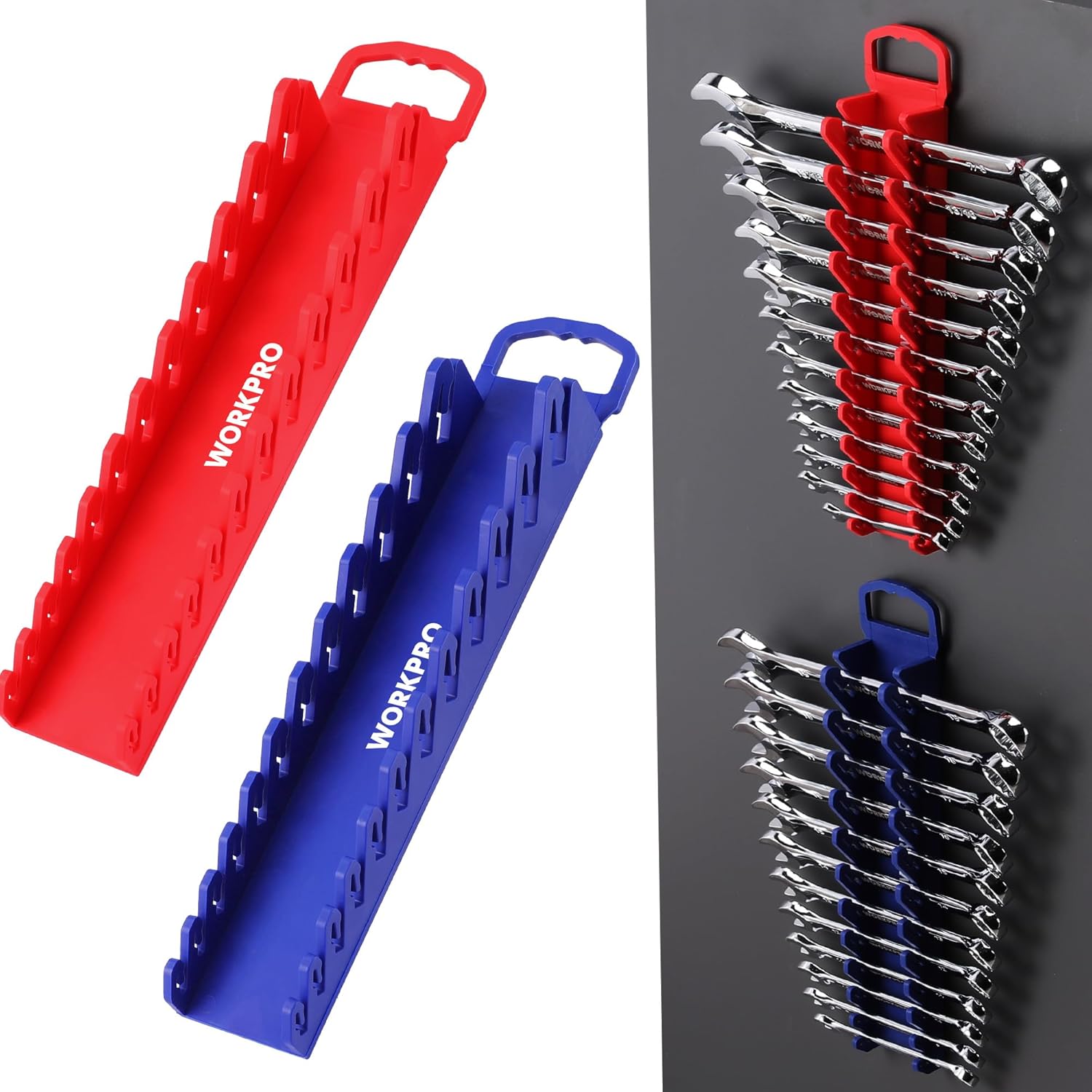 WORKPRO 2-Pack Magnetic Wrench Organizer, 12-Piece Gripper Wrench Holder for Stubby or Line Wrenches, Quality Wrench Rack Fits for SAE (1/4” to 15/16”) and Metric (6mm to 24mm), Flexible Teeth