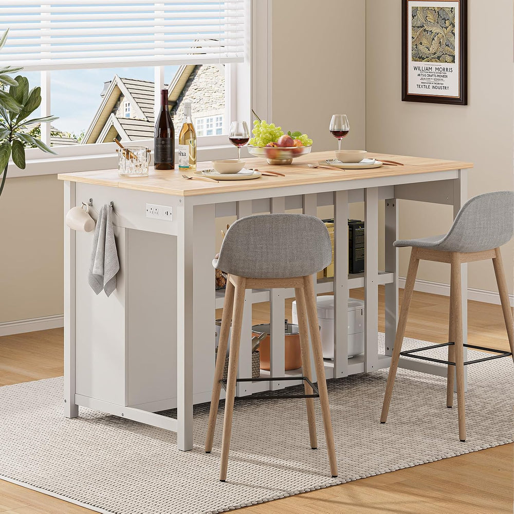 ONBRILL 59" Kitchen Island with Storage, Solid Rubberwood Tabletop | Isl...
