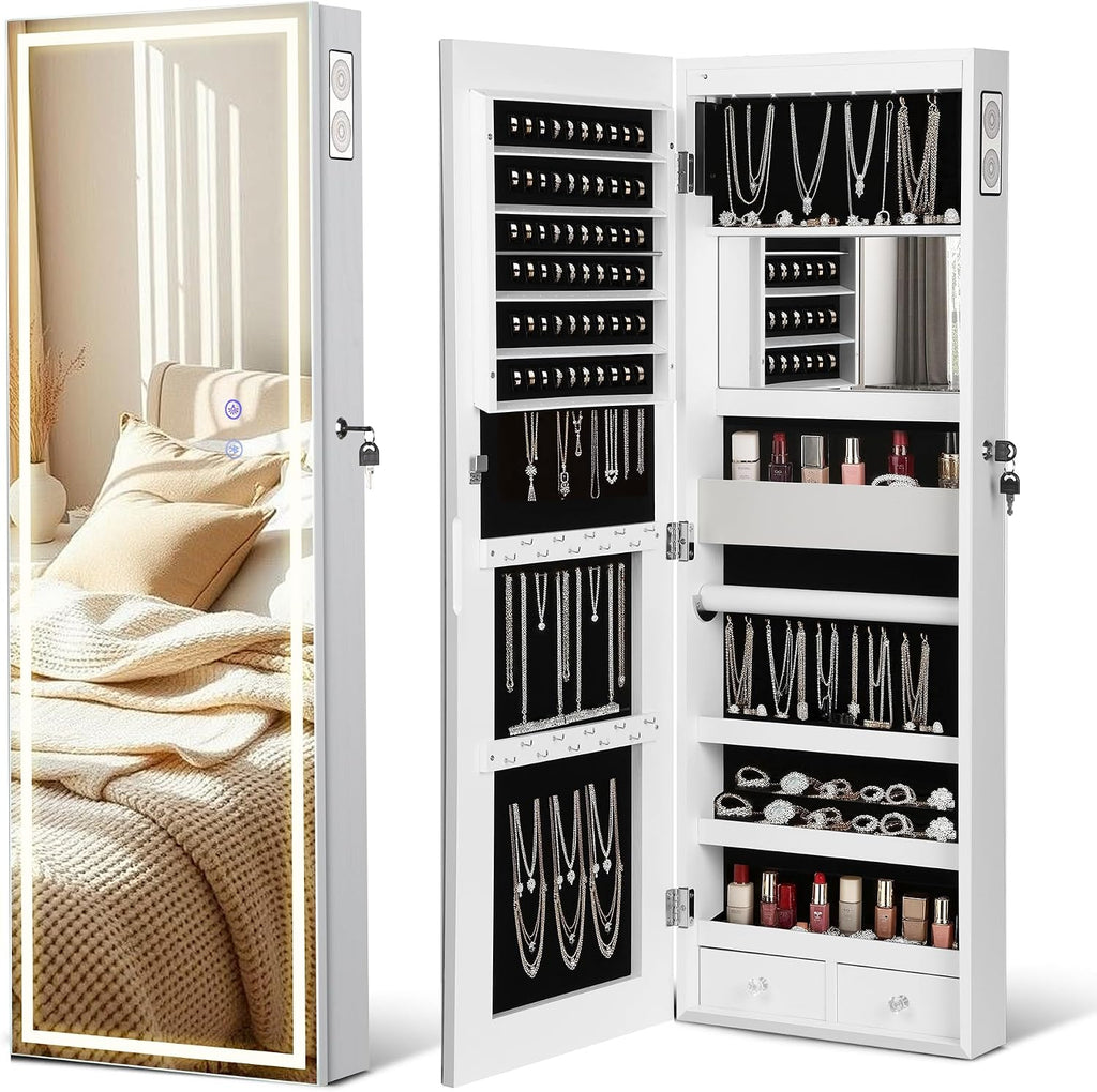 LED Mirror Jewelry Cabinet with Bluetooth Speaker ，Door/Wall Mounted,Equipped with Three Color Light Strips,Full-Length Illuminated Mirror,Jewelry Storage Function