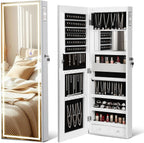 LED Mirror Jewelry Cabinet with Bluetooth Speaker ，Door/Wall Mounted,Equipped with Three Color Light Strips,Full-Length Illuminated Mirror,Jewelry Storage Function