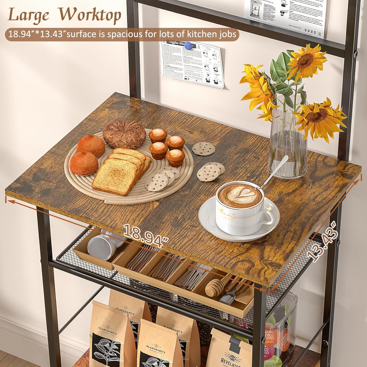 5 Tier Coffee Bar Station, Kitchen Stand with 4 S-Shaped Hooks, Farmhouse Corner Coffee Bar Cabinet for Small Spaces, Bakers Rack for Kitchen, Entryway, Living Room, 13.43"D x 18.93"W x 53.31"H