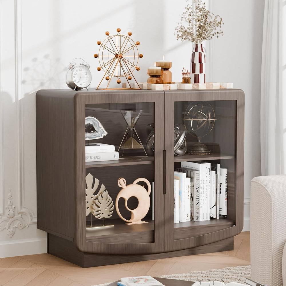 35" Sideboard Buffet Cabinet with Storage, Walnut Glass 2-Door Cabinet w...