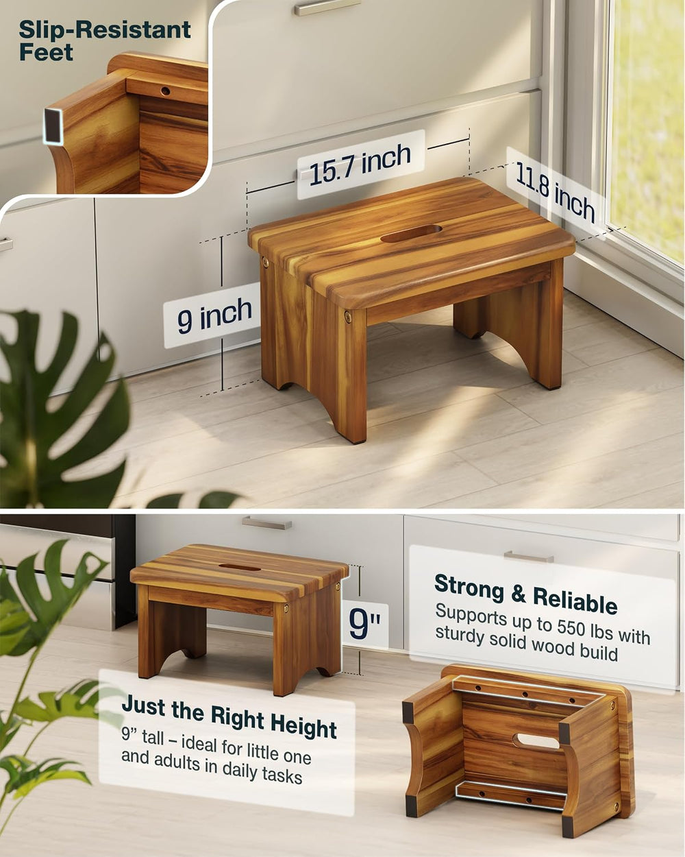 FANATU 9" Wooden Bed Step, Heavy Duty Step Stool for Adults with Handle ...