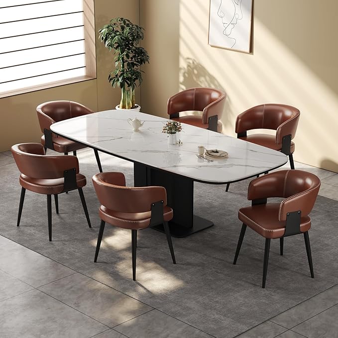 Modern Dining Chairs Set of 6, Upholstered Faux Leather Kitchen Side Chairs with Curved Open Back, Elegant Decorative Stitching, Easy Assembly for Dining Room, Restaurant, Cafe,Vintage Brown
