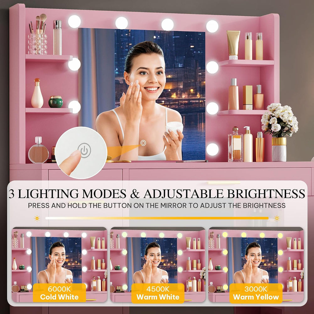 YITAHOME Vanity Desk with Mirror & Lights | 4 Drawers and 3 Lighting Modes