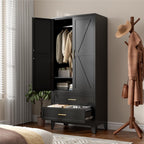 71" Tall Metal Wardrobe Cabinet with 2 Drawers and Hanging Rod, 2 Doors Armoire Wardrobe Closet with Shelf for Bedroom, Office, Laundry Room, Black