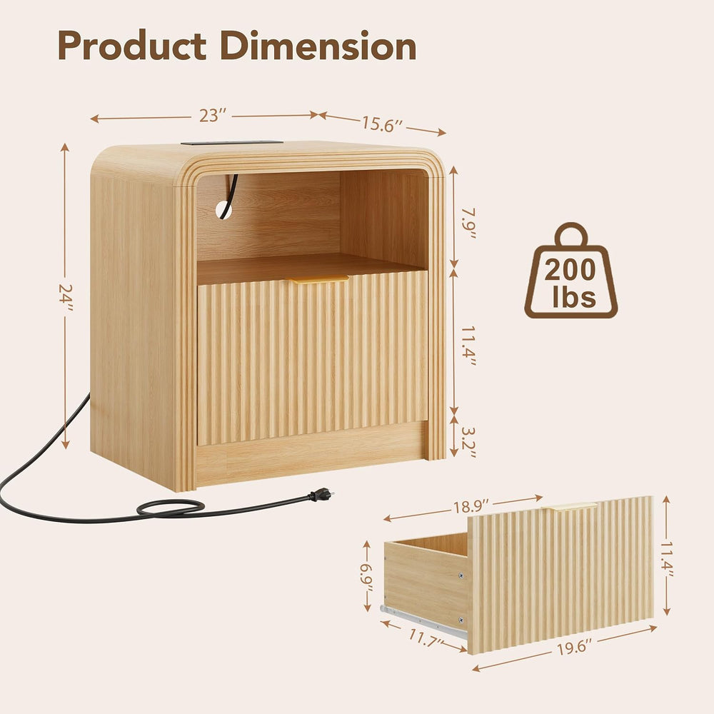Decofy 23'' Wide Fluted Nightstand Set of 2 with Charging Station, Oak