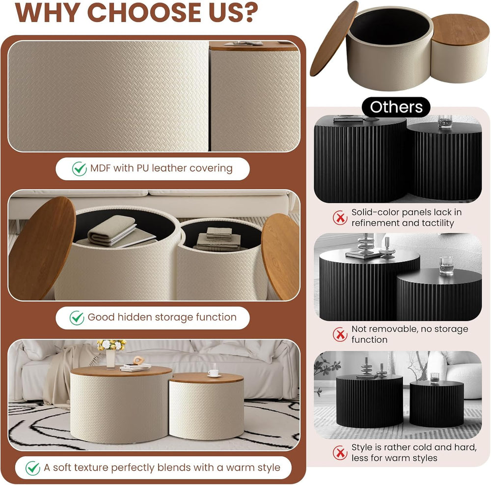Round Nesting Coffee Table Set of 2 with Storage for Living Room (White) | Mo...