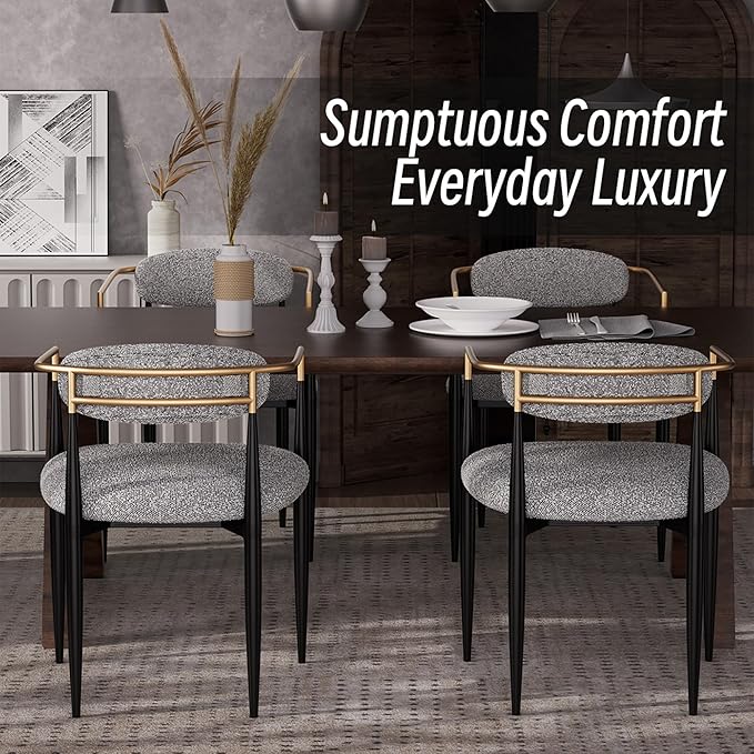 Morden Fort Mid-Century Modern Boucle Dining Chairs Set of 6, Brushed Gold Armchairs with Black Metal Legs and Upholstered Cushion, Sherpa Accent Chairs for Living Room Bedroom Outdoor Lounge
