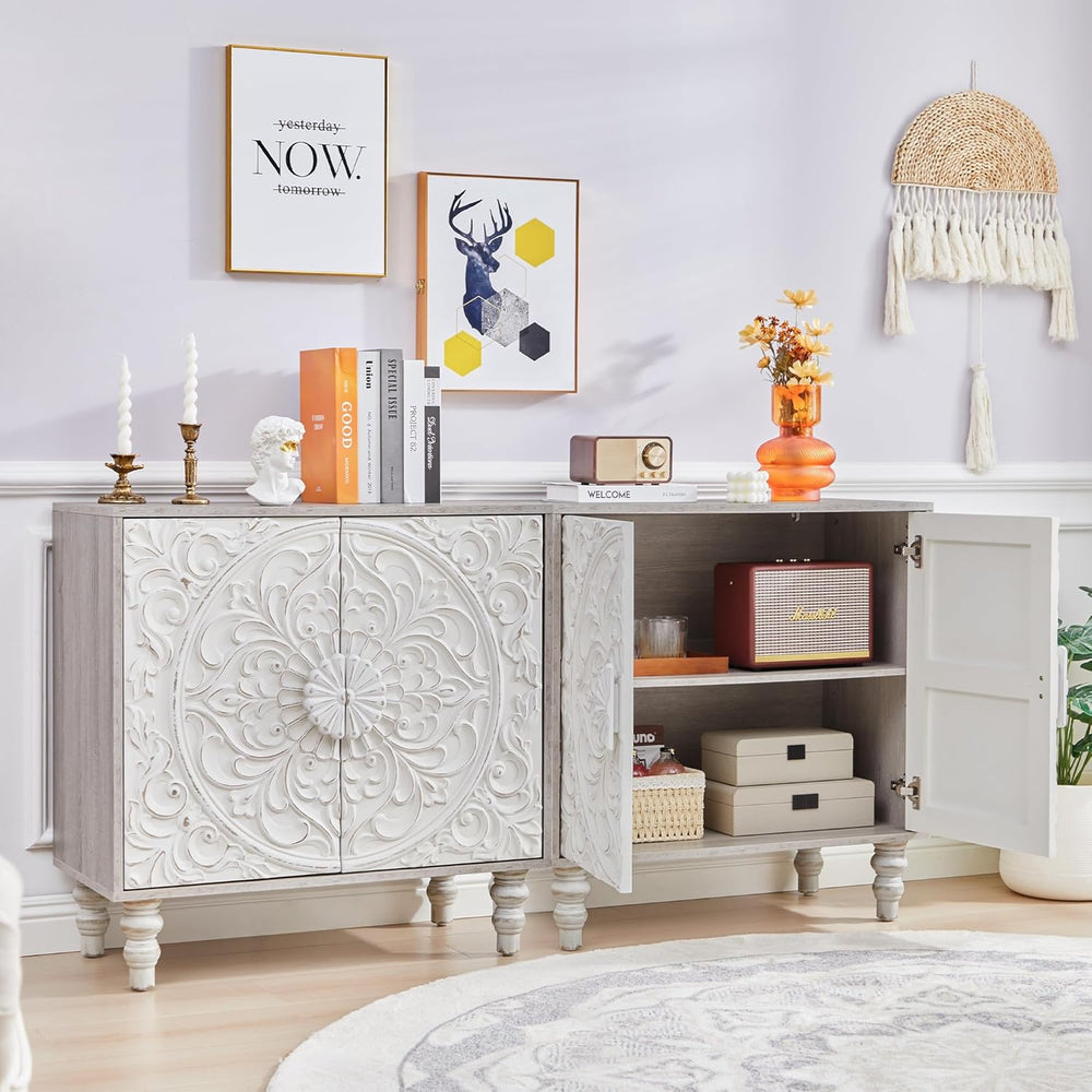 White Distressed Carved Accent Cabinet,2 Door Vintage Storage Sideboard