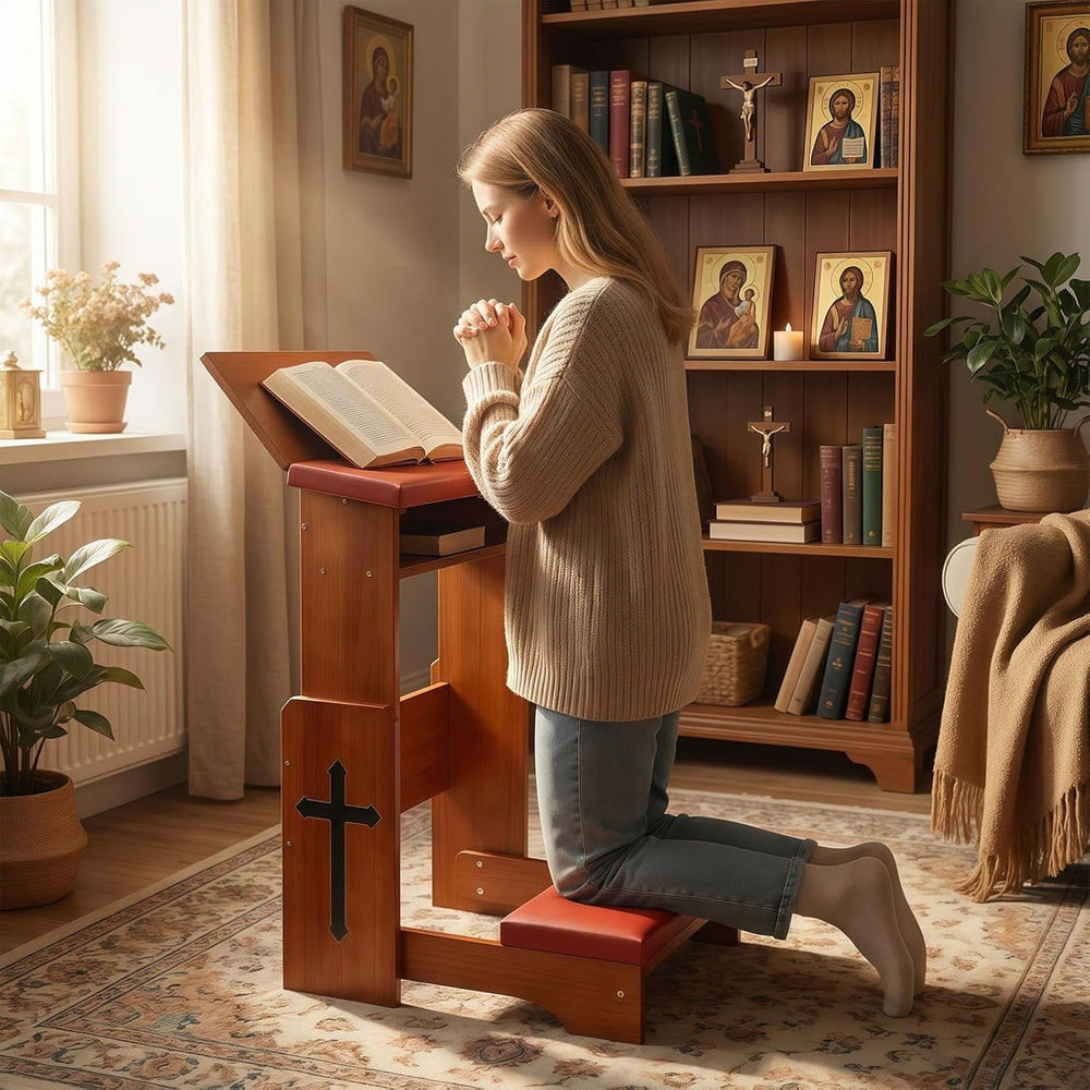 Fanwer Folding Prayer Bench for Home Use - Adjustable Wooden Kneeler for Pray...