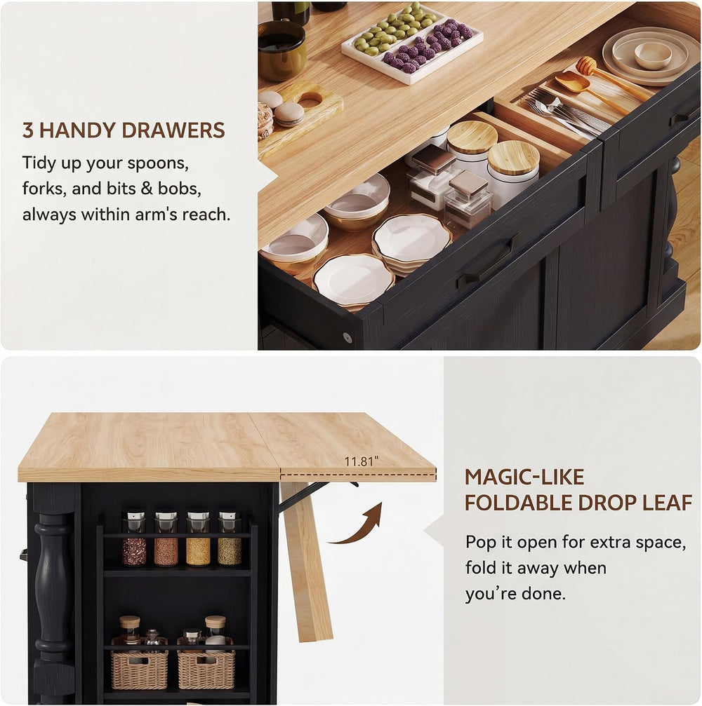 Kitchen Island, 47.6" Kitchen Island with Drop Leaf & Spice Rack, | ...