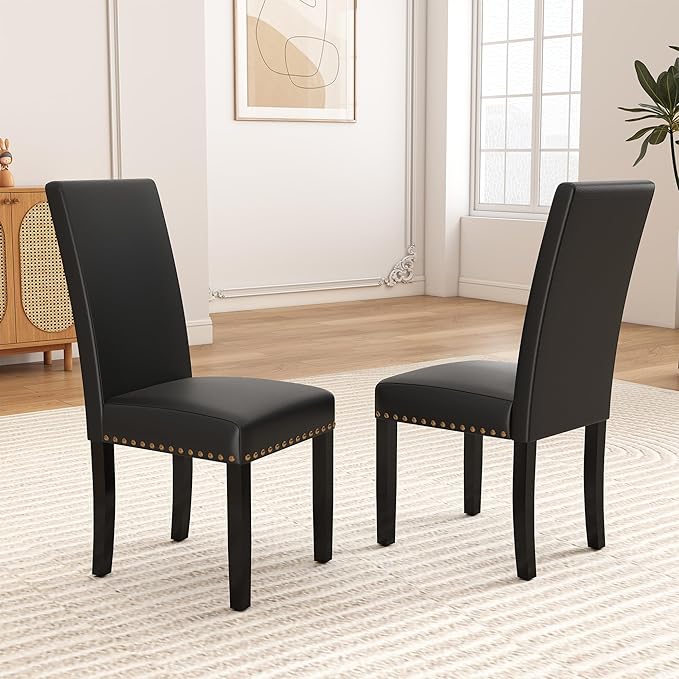 LSSBOUGHT Dining Chairs Set of 2, Modern Dining Room Chair,Upholstered Pu Leather Kitchen Chair with Vintage Copper Nail for Restaurant & Cafe(Black,2pcs)