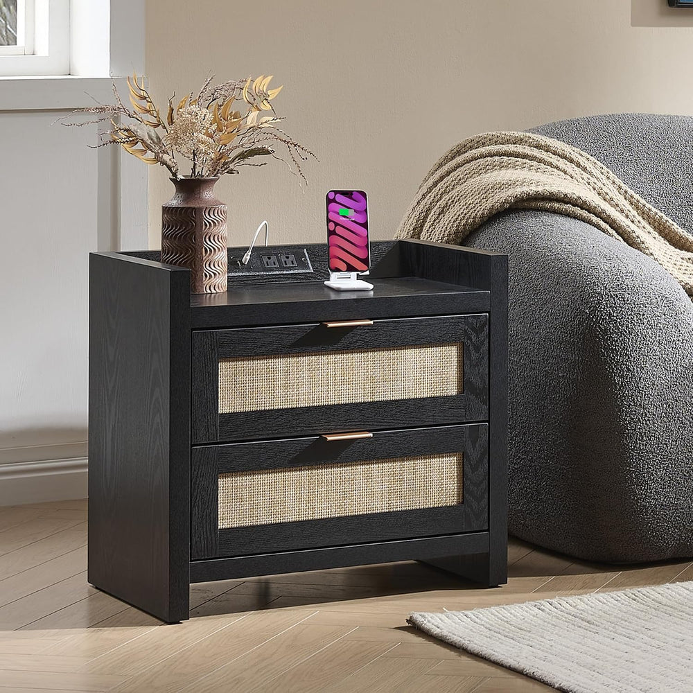 SICOTAS Rattan Nightstands Set of 2 : Bedside Table with 2 Large Drawers