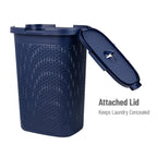 Mind Reader Slim Laundry Hamper with Lid, 60L Clothes Basket, Premium Wicker Design, Plastic, Navy