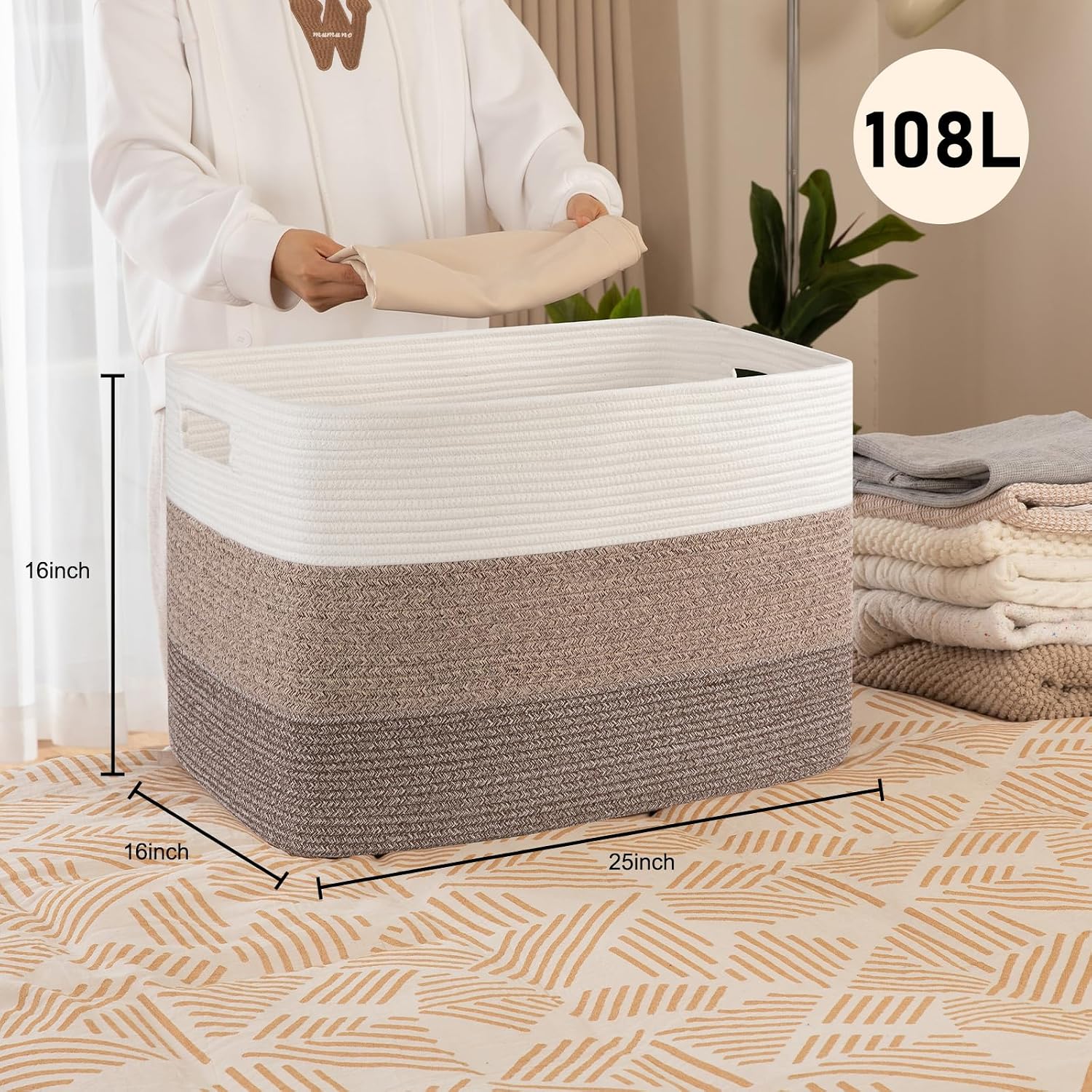 OIAHOMY 108L Super Large Blanket Basket, 25”x16”x16”(108L) Rectangle Woven Baskets for Storage, Cotton Rope Basket For Living Room, Toy Storage with Handle- Gradient Dark Brown
