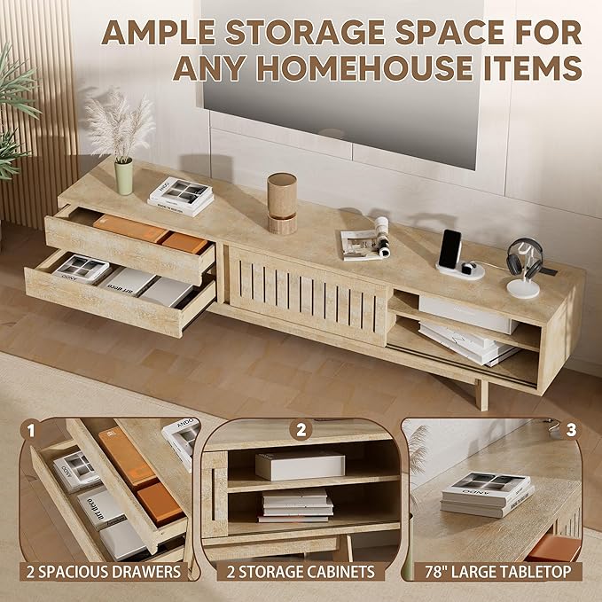 Mid Century Modern TV Stand for 85 Inch TVs, 78.7" Entertainment Center with Storage & Power Outlet, Media Console w/Drawers and Sliding Door, Television Stands for Living Room, Natural
