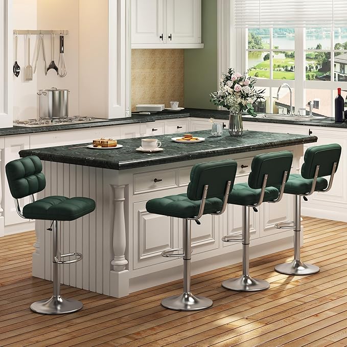 Bar Stools Set of 2 Upholstered Adjustable Counter Height Swivel Bar Stools Island Chairs with Back for Bar Kitchen Dining Room, Green