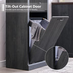Modern Tilt-Out Laundry Hamper Cabinet, 10 Gallon Fluted Trash Can Cabinet with Drawer, Wooden Hidden Garbage Can Cabinets with Laundry Basket, Free Standing for Bathroom and Kitchen, Grey