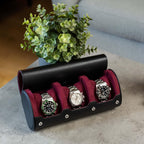 DailyWatch | Personalized Watch Roll Travel Case For 3 Watches - Handmade Genuine Leather Travel Case With Custom Engraving of Name or Initials - Black Cherry