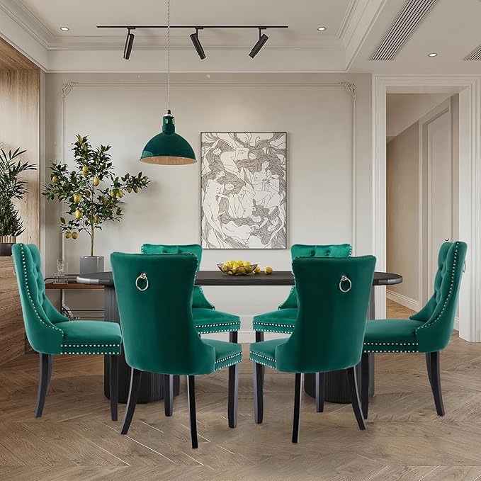 Velvet Upholstered Dining Chairs Set of 8, Modern Style Kitchen Side Chairs with Nailhead Trim and Wood Legs,Metal Pulling Ring for Dining Room Living Room(Green)