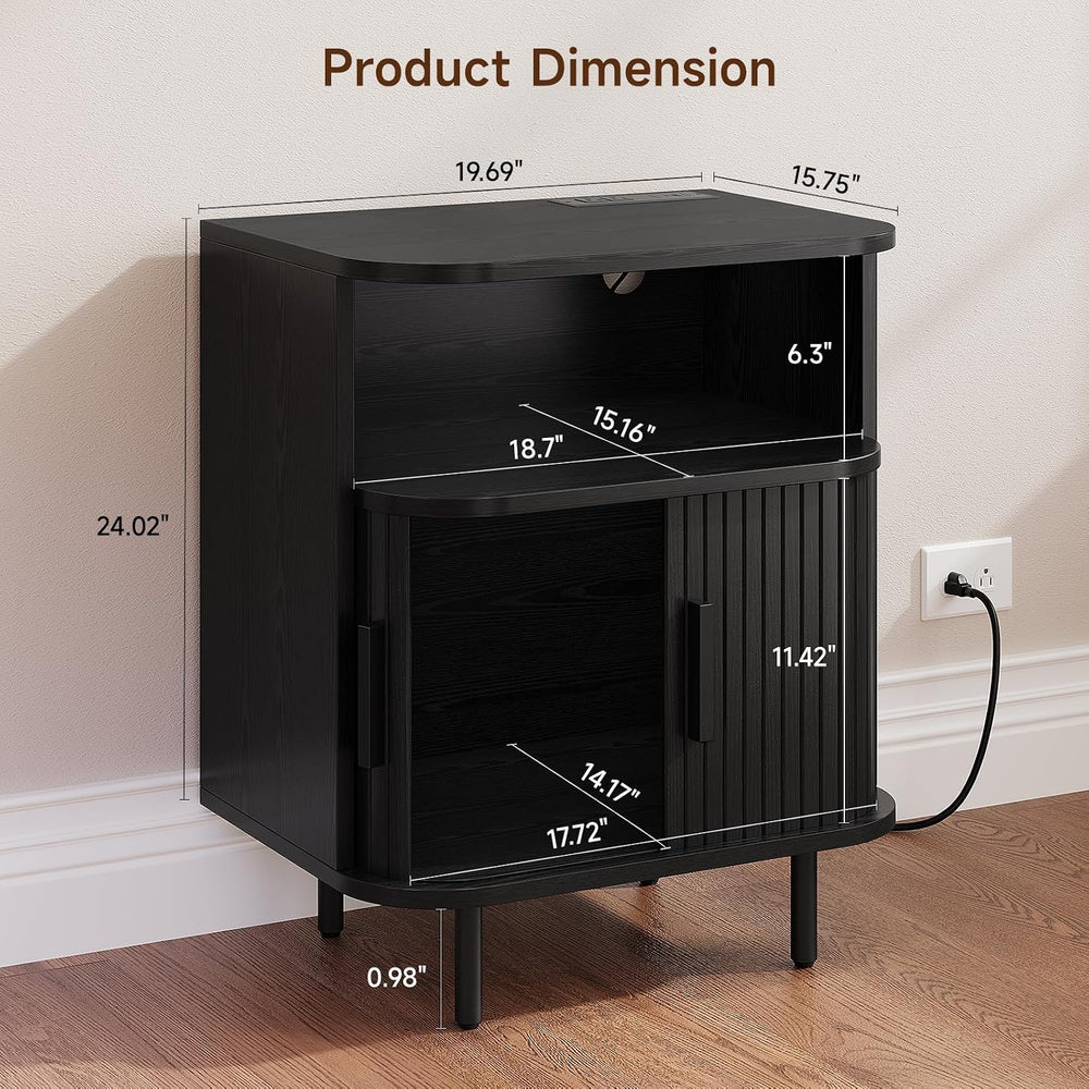 ONBRILL Fluted Nightstand with Drawers, Modern End Table with Charging Statio...