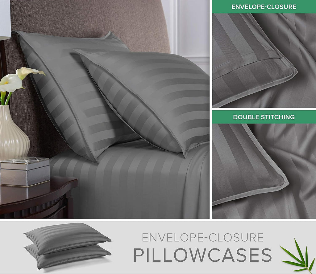 Queen Pillowcases by Pure Bamboo, Genuine 100% Organic Viscose Derived from Bamboo, Luxuriously Soft & Cooling, Double Stitching, Envelope Closure (2 Queen Pillowcases, Jacquard Stone)