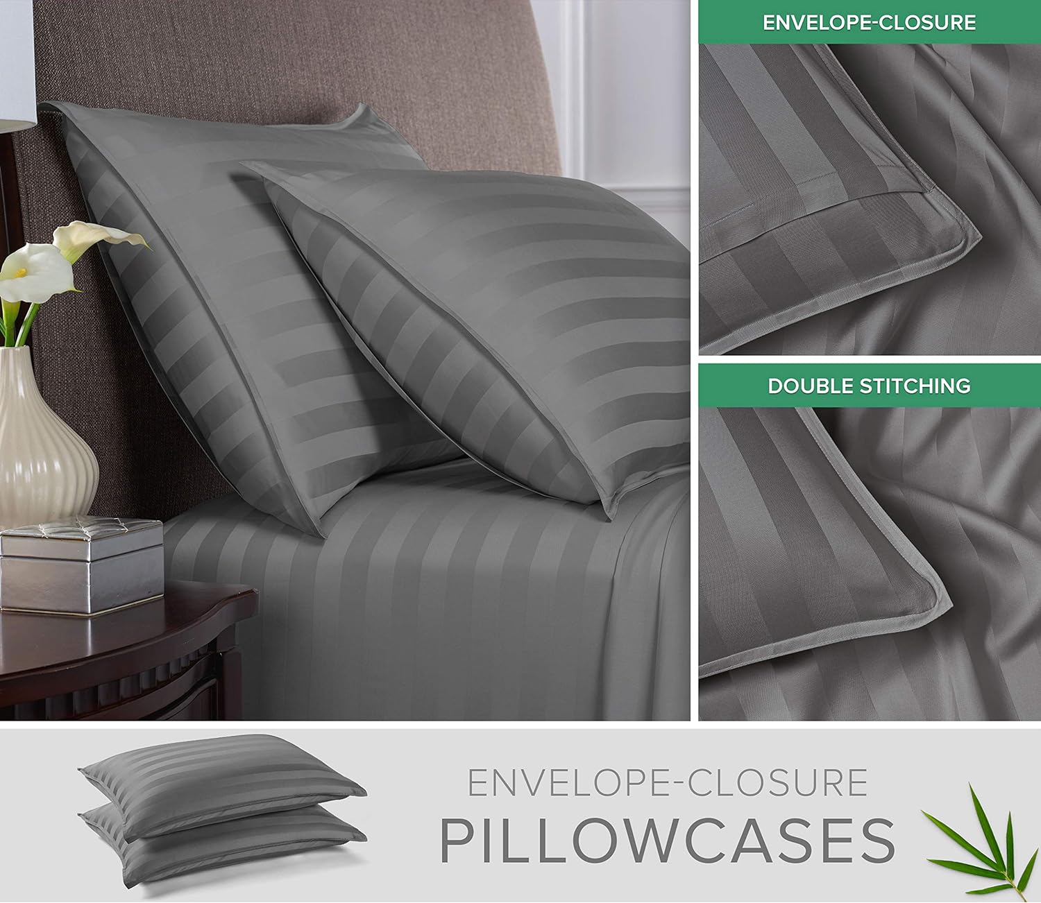 Queen Pillowcases by Pure Bamboo, Genuine 100% Organic Viscose Derived from Bamboo, Luxuriously Soft & Cooling, Double Stitching, Envelope Closure (2 Queen Pillowcases, Jacquard Stone)