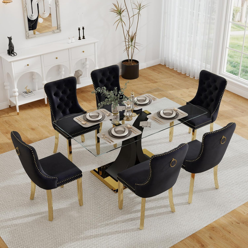 Modern Luxury Glass Dining Table for 4-6, 63'' Clear Tempered Glass Top Dinette Table, Minimalism Large Apartment Rectangle Kitchen Table with Black MDF & Gold Stainless Steel Base