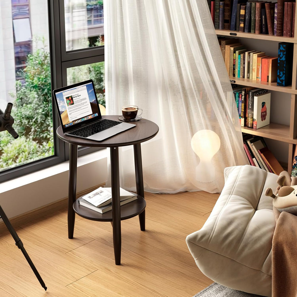 Round End Table,Solid Wood Small Round Table with Lower Shelf,Round Side Tabl...