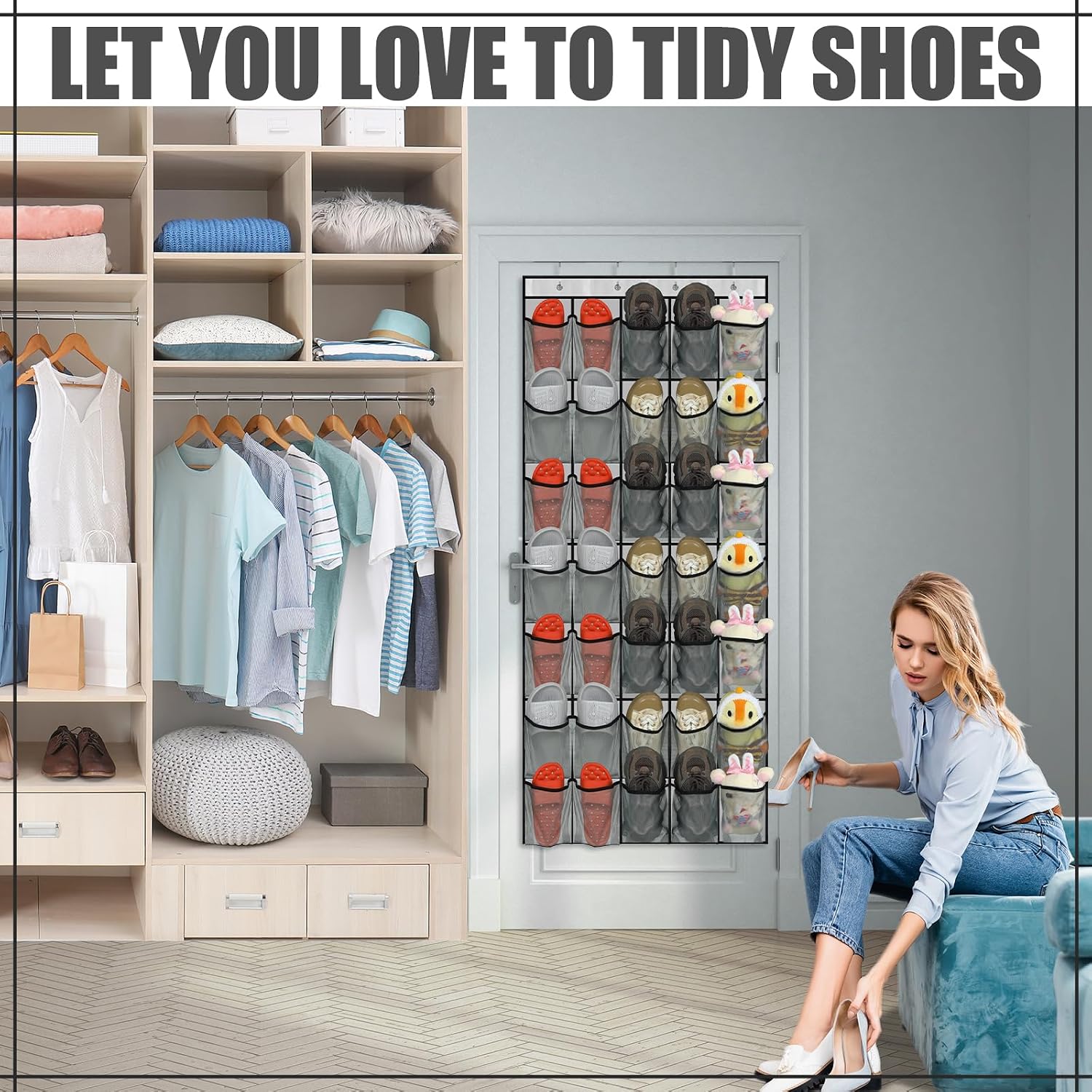 Windyun 2 Pcs 70 Large over The Door Shoe Organizer Hanging Shoe Rack for Closet Holder Gray Mesh Pockets Back to School Behind Door Hanger Storage Nonslip for Home Room School Dorm, Each 35 Pockets