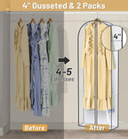 MISSLO 65" Clear Garment Bags for Hanging Clothes 4" Gusseted Dress Bags for Gowns Long Dress Cover for Closet Storage Dress Protector Bag, 2 Packs
