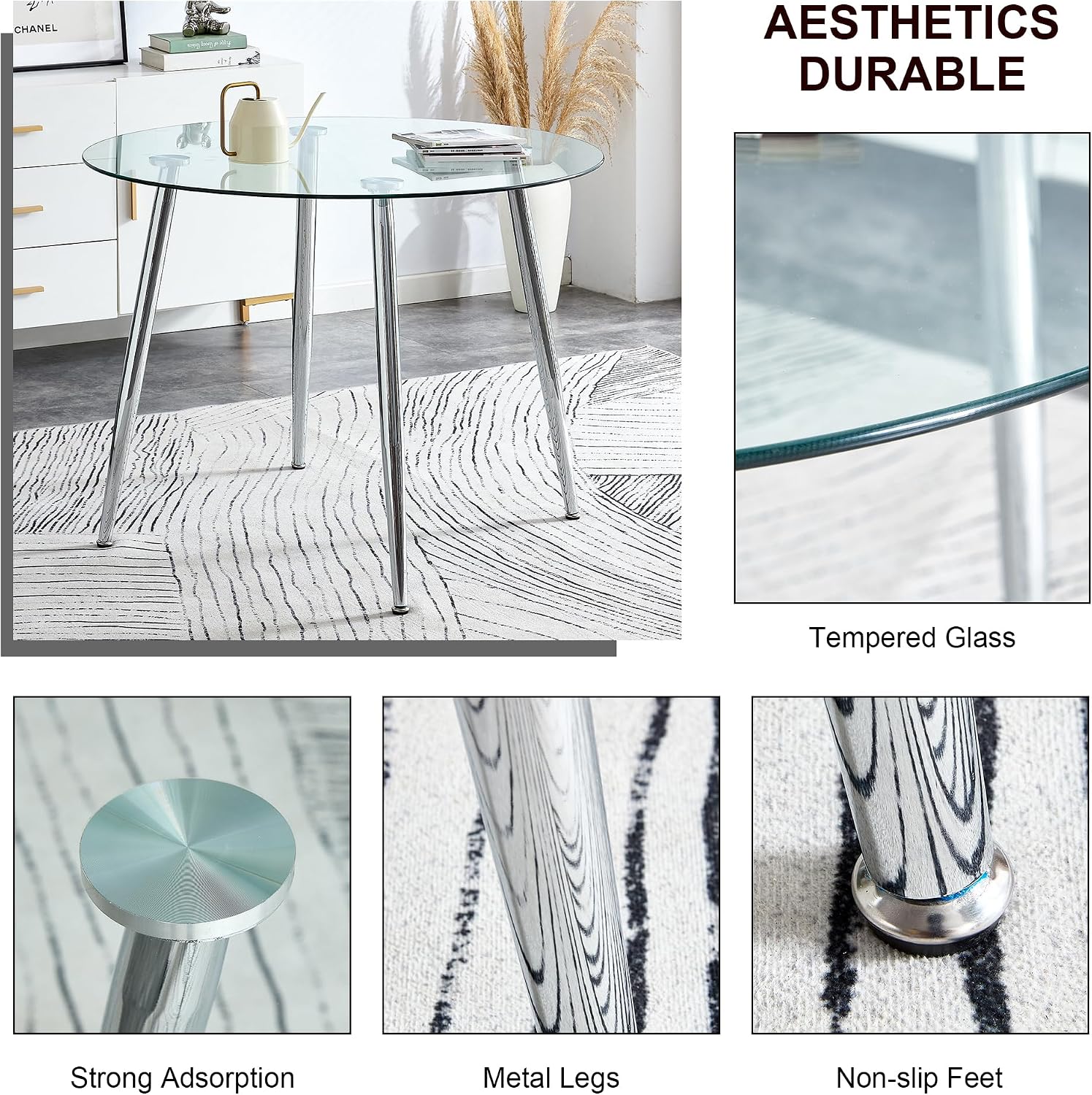 Silver Glass Round Dining Set for 4, 36'' Modern Minimalist Luxury Circle Dinner Room Set, 5 Piece Clear Glass Circular Kitchen Table with Ivory Woven Chair Set, for Small Apartment Home