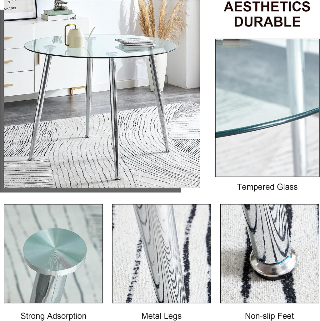 Silver Glass Round Dining Set for 4, 36'' Modern Minimalist Luxury Circle Dinner Room Set, 5 Piece Clear Glass Circular Kitchen Table with Ivory Woven Chair Set, for Small Apartment Home