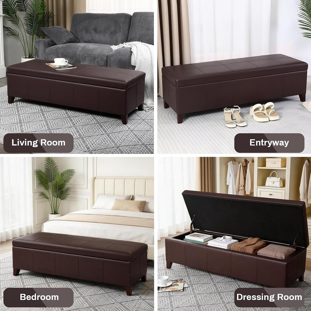 51" Coffee Brown Faux Leather Storage Ottoman | Foot Rest with Hinged Li...