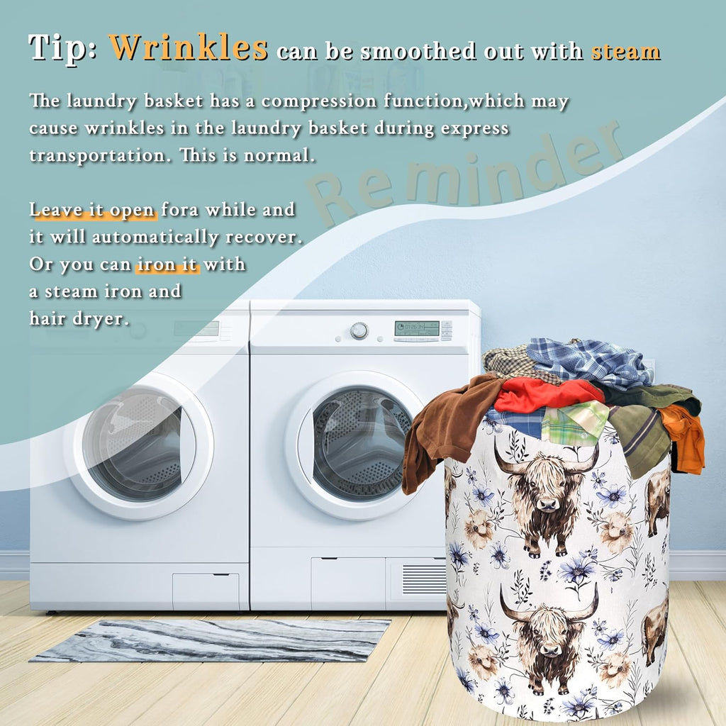 Watercolor Highland Cow Laundry Hamper With Handles Foldable Oxford Cloth Purple Flower Tote Bag Cows Laundry Basket Clothes Toy Storage Bucket 18.9" x 16.5"For Bathroom/Laundry/Bedroom