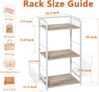 White Purse Organizer, 3-Tier Floor Standing Bag Rack Stand Featuring Side Hooks and Baskets, Adjustable Feets, High Capacity Metal & Wood Handbag Holder Design for Closet Storage, Patent Pending
