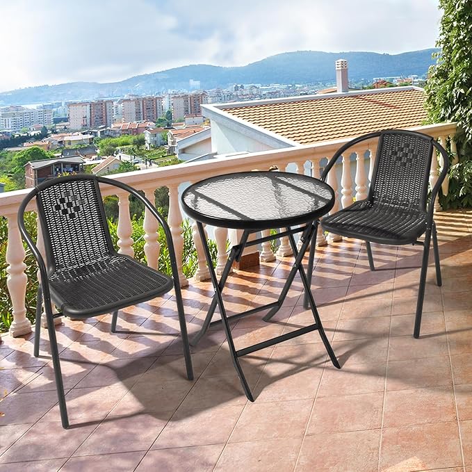 VINGLI PE Rattan Outdoor Dining Chairs Set of 4, Plastic Stackable Patio Chairs for Indoor, Porch, Restaurant, Garden, Black