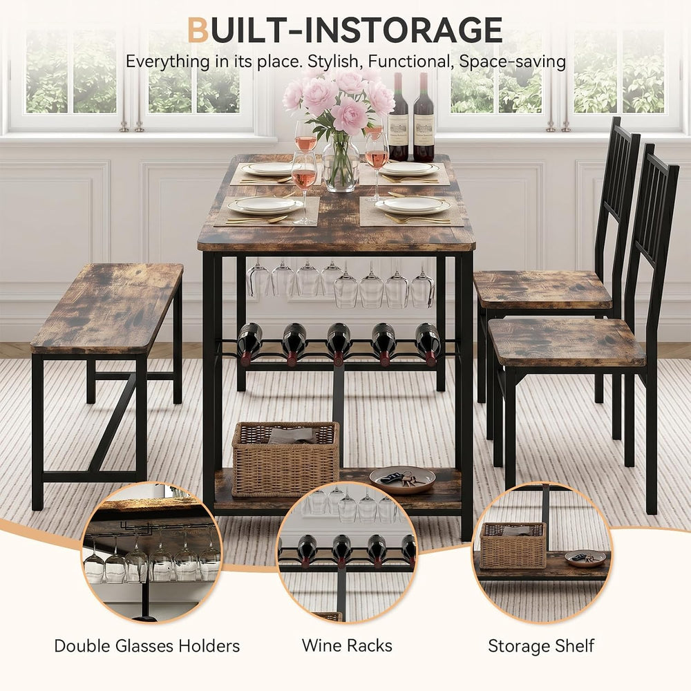 55-Inch Dining Table Set for 4 with Bench, Wine Rack, Rustic Brown | 4-Piece ...