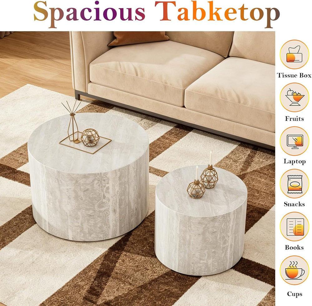 Round Travertine Coffee Table Set of 2 (C 18.1+14.6in) | Modern Stripe Circle...