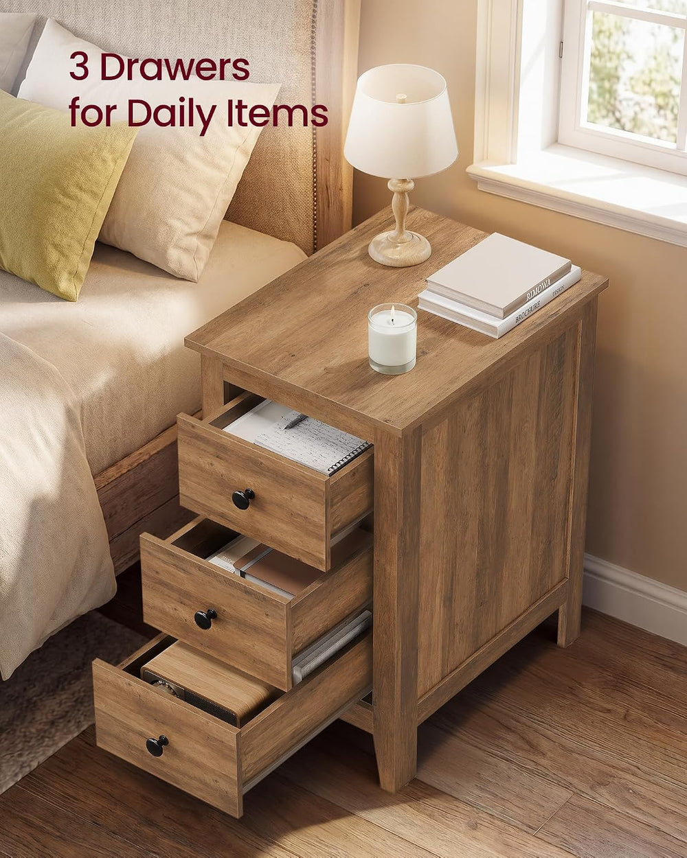 VASAGLE LIRY Collection-Farmhouse Nightstand with 3 Drawers, Slim Side End Ta...