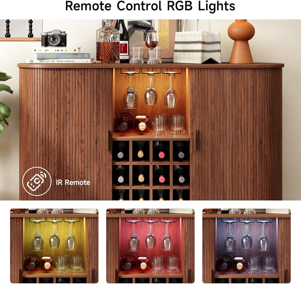 ONBRILL 55" Wine Bar Cabinet with LED Light, Modern Fluted Liquor Whiskey Home Bar with Wine Rack and Glass Holder, Farmhouse Buffet Sideboard with Storage for Living Room, Kitchen, Entryway (Walnut)